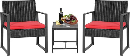 FDW Patio Furniture Sets 3 Piece Outdoor Bistro Set Wicker Patio Chairs Rattan Outdoor Furniture for Backyard Porch Poolside Lawn,Red Cushion