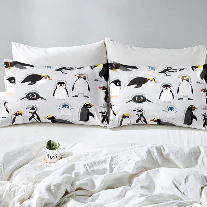 Erosebridal Penguin Comforter Set Twin Size,Black White Penguins Bedding Set Cute Animal Down Comforter for Kids Boys Girls Teens,Wildlife Grey Bedding Quilted Sets with 1 Pillow Case Bedroom Decor
