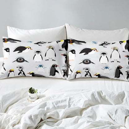 Erosebridal Penguin Comforter Set Queen Size,Black White Penguins Bedding Set Cute Animal Down Comforter for Kids Boys Girls Teens,Wildlife Grey Bedding Quilted Sets with 2 Pillow Cases Bedroom Decor