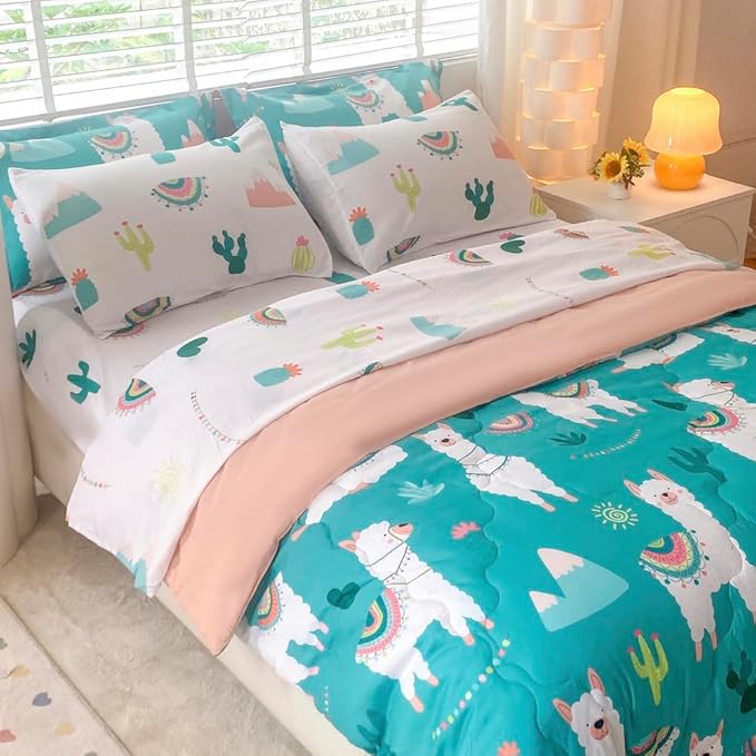 Wajade Kids Llama Comforter Set Bed in A Bag Queen Size 7 Piece Cute Alpaca Tropical Plant Cactus Bedding Set for Girls Boys (1 Comforter, 1 Flat Sheet, 1 Fitted Sheet, 2 Pillowcase and 2 Pillow Sham)