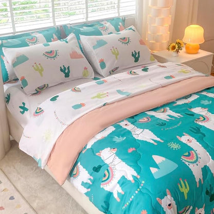 Wajade Kids Llama Comforter Set Bed in A Bag Queen Size 7 Piece Cute Alpaca Tropical Plant Cactus Bedding Set for Girls Boys (1 Comforter, 1 Flat Sheet, 1 Fitted Sheet, 2 Pillowcase and 2 Pillow Sham)