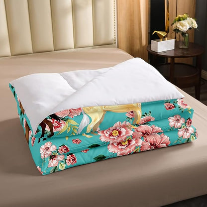 Horse Bedding Set Queen Chic Retro Blossom Comforter Set For Kids Girls Teens Galloping Horse Comforter Romantic Aesthetic Style 3D Wild Farm Animal Duvet Set Bedroom Decor Quilt Set, Green Pink