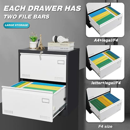 2 Drawer Metal Lateral Lock and Card Holder,Office Vertical Files Storage Cabinets w/Heavy 3 Section Slide Rail & Breathable Holes,for Legal/Letter/A4,Black+White