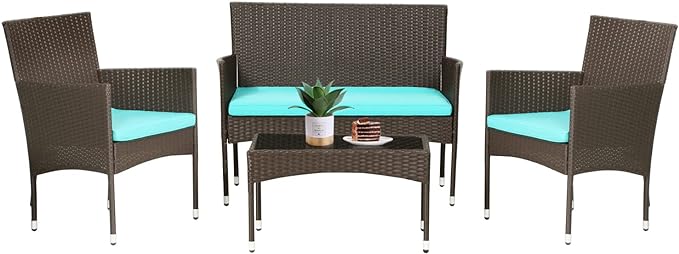 FDW 4 Pieces Patio Furniture Set Wicker Patio Conversation Set with Rattan Chair Loveseats Coffee Table for Outdoor Indoor Garden Backyard Porch Poolside Balcony,Brown Wicker/Blue Cushions