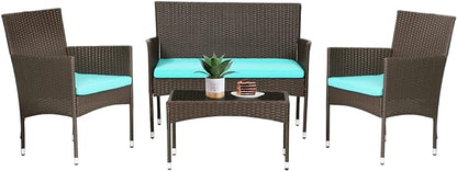 FDW 4 Pieces Patio Furniture Set Wicker Patio Conversation Set with Rattan Chair Loveseats Coffee Table for Outdoor Indoor Garden Backyard Porch Poolside Balcony,Brown Wicker/Blue Cushions