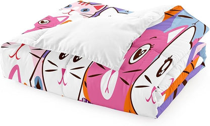 Cat Full Comforter Set for Bedroom - 3Pcs Colorful Cat Comforter Set for Teens Kids Cute Cartoon Cat Bedding Set Ultra Soft Warm Lightweight Kawaii Animal Patterns Comforter with 2 Pillowcases