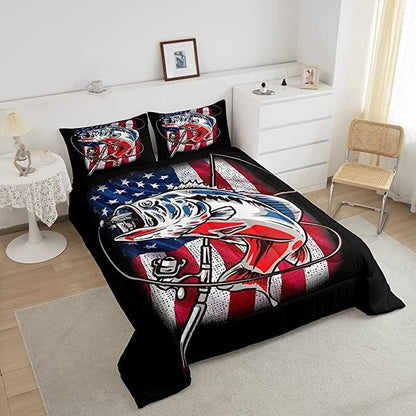 Fishing Comforter King Bass Fish American Flag Bedding Set Farmhouse Pike Fishing Comforter Set for Kids Boys Girls Teens Room Wild Fish Decor Red Blue Stripe Quilt Down Comforter Boys