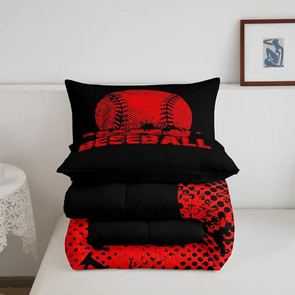 Erosebridal Kids Baseball Twin Size Bedding Set Red Black Sports Comforter Set for Boys Girls Teen,Reversible Black Quilt Comforter Soft Lightweight for All Season,1 Comforter and 1 Pillow Case