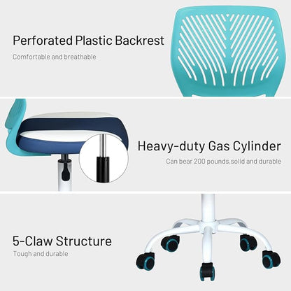 Desk Chair Small Study Chairs Armless for Children Kids Teens, Swivel Rolling Lightweight Task Chair with Wheels and Pu Leather Padded Cushion, Green/Navy