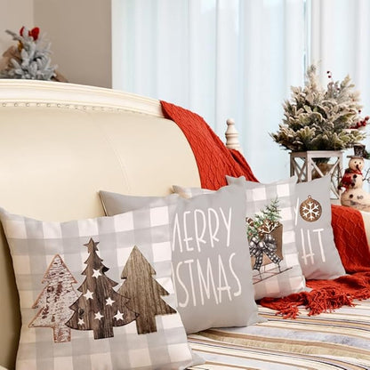 GEEORY Christmas Pillow Covers 18 x 18 Inch Set of 4, Buffalo Plaid Wooden Tree Snow Sleigh Merry Xmas Holiday Decor Decorative Throw Cushion Cases Decoration for Home Party Sofa Couch (Beige)