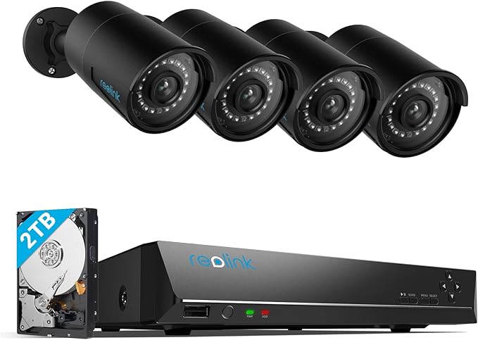 REOLINK 8CH 5MP PoE Security Camera System, 4pcs Wired PoE IP Cameras Outdoor with Person/Pet/Vehicle Detection, 4K 8CH NVR with 2TB HDD for 24-7 Recording, RLK8-410B4-5MP Black