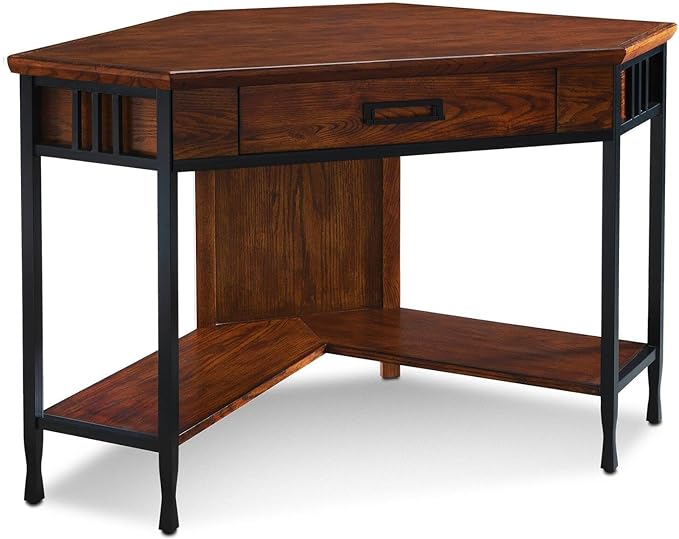 Leick Home 11230 Ironcraft Corner Writing/Computer Rustic Desk with Drawer and Shelf, Mission Oak and Black