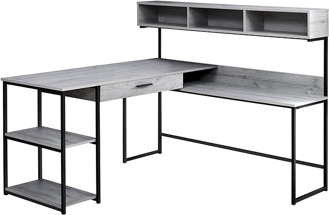 Monarch Specialties Workstation for Home & Office with Multiple Shelves and Drawer L-Shaped Corner Desk with Hutch, 60" L, Grey/Black Frame