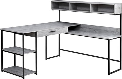 Monarch Specialties Workstation for Home & Office with Multiple Shelves and Drawer L-Shaped Corner Desk with Hutch, 60" L, Grey/Black Frame