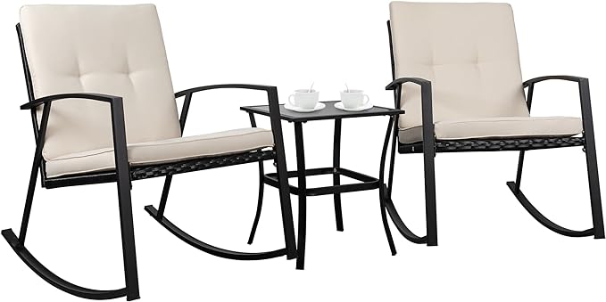 Shintenchi 3 Pieces Rocking Bistro Set Wicker Patio Outdoor Furniture, 2 Rattan Porch Chairs Conversation Sets with Glass Coffee Table (Beige)