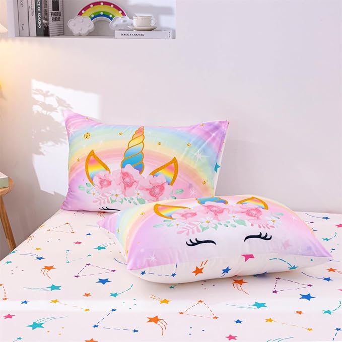 NTBED Unicorn Full Comforter Set with Sheets,5 Pieces Kids Bedding Sets for Girls, Lightweight Microfiber Star Floral Bed in a Bag, Rainbow