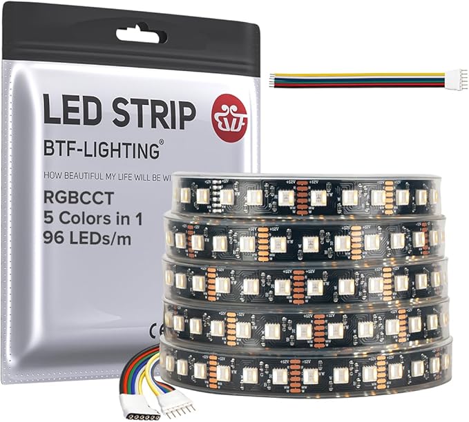 BTF-LIGHTING RGBCCT 5 Colors in 1 LED Tape Lights 5050SMD RGBWW RGB+Dimmable Color Temperature 2700K-6500K 16.4ft 96LED/m 480LED IP67 DC12V Black PCB for Home Decoration(No Adapter or Controller)