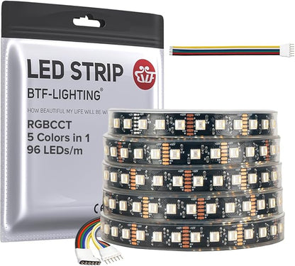 BTF-LIGHTING RGBCCT 5 Colors in 1 LED Tape Lights 5050SMD RGBWW RGB+Dimmable Color Temperature 2700K-6500K 16.4ft 96LED/m 480LED IP67 DC12V Black PCB for Home Decoration(No Adapter or Controller)