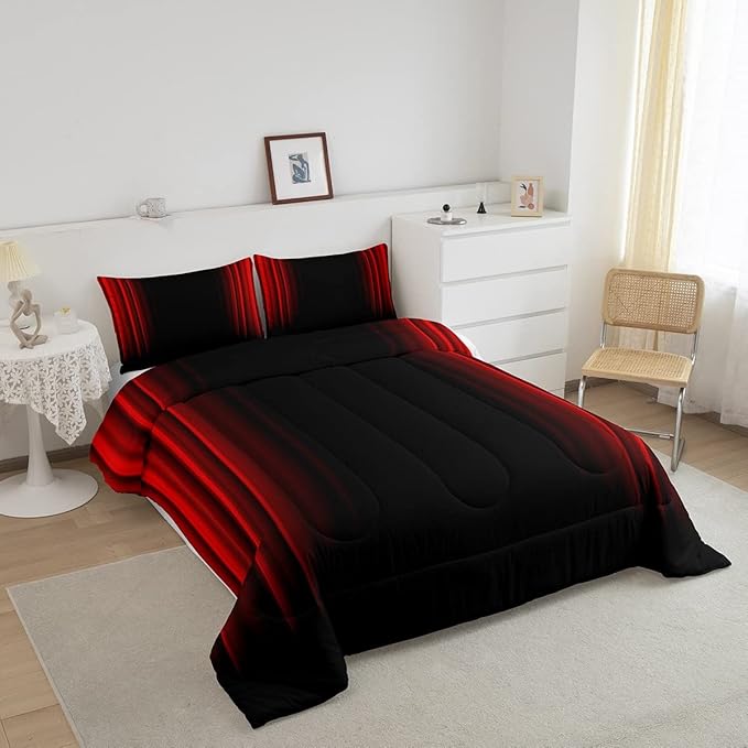Feelyou Abstract Ombre Comforter Set Kids Teens Red and Black Bedding Set Room Decor 3Pcs Queen Size