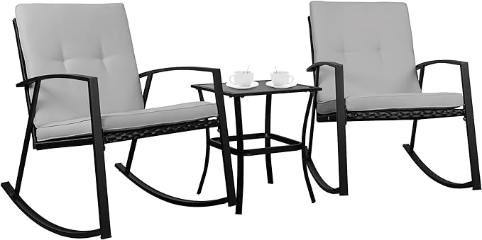 Shintenchi Outdoor 3 Piece Rocking Bistro Set, Wicker Patio Outdoor Furniture Porch Chairs Conversation Sets with Glass-Top Coffee Table for Backyard Porch Poolside Lawn, Garden,Gray