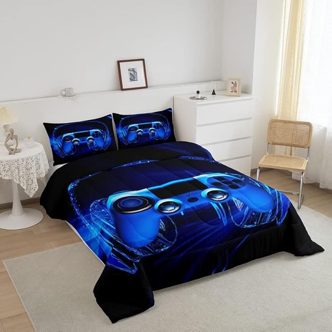 Feelyou Gamer Bedding Set Kids Video Game Gamepad Comforter Set for Boys Teens Gaming Headset Comforter Blue Game Controller Duvet Set Room Decor Quilt King Size Boys