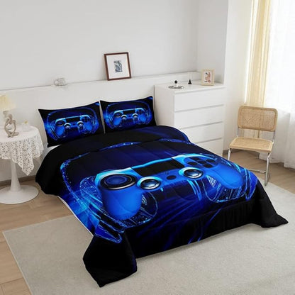 Gamer Bedding Set Kids Video Game Gamepad Comforter Set for Boys Teens Gaming Headset Comforter Breathable Blue Game Controller Duvet Set Room Decor Quilt Set Full Size