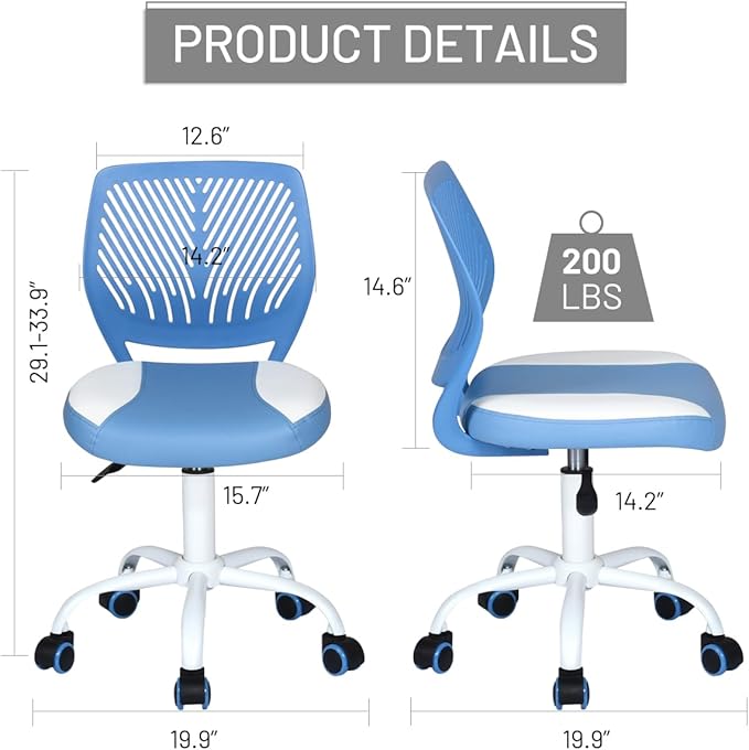 FurnitureR Desk Chair Small Study Chairs Armless for Child Kids Teens, Swivel Rolling Lightweight Task Chair with Wheels and Pu Leather Padded Cushion, Blue/White