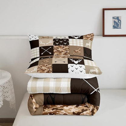 Kids Deer Antler Animal Comforter Set King Size,Brown Camo Xmas Bedding Set,Girls Boys Adults Bedroom/Cabin Decor,Plaid Patchwork Vintage Down Comforter,Boho Arrows Duvet Insert,3pcs,2 Pillowcases