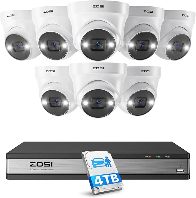 ZOSI 16CH 4K PoE Security Camera System with Person Vehicle Detection,2 Way Audio,Color Night Vision,16Channel 8MP PoE NVR Recorder with 4TB HDD,8pcs 5MP Indoor Outdoor IP Cameras,for 24/7 Recording