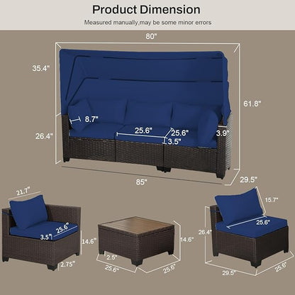6 PCS Outdoor Patio Furniture Set,Sectional Sofa Set,Rattan Daybed with Retractable Canopy,Adjustable Backrest,Storage Coffee Table,Chaise Chair Sunbed for Garden Poolside Backyard(Dark Blue)