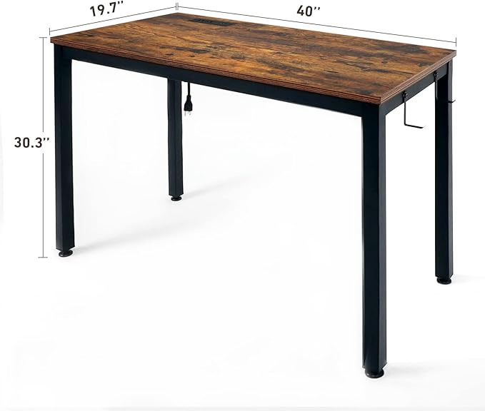 Computer Desk 40" with Power Strip, Office Writing Study, Small Computer Desks Easy Assembly Stable Metal Frame, Desk for Home Office Small Space Workbench Workstation, Rustic Brown