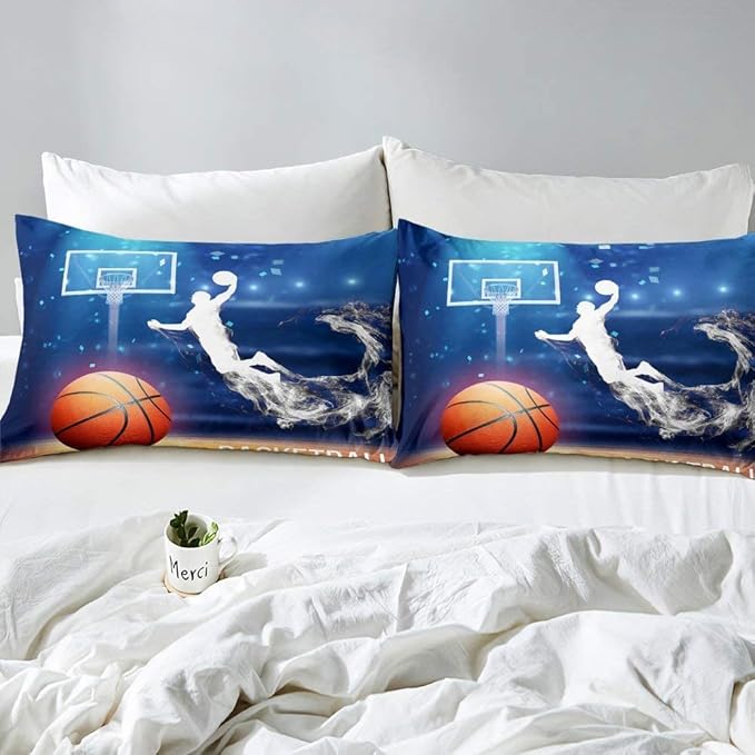 Erosebridal Boys Basketball Comforter Set King Size Basketball Player Quilted Duvet Competitive Sports Game Bedding Set for Kids Teens Man Arena Tie Dye Duvet Set, Blue Room Decorative