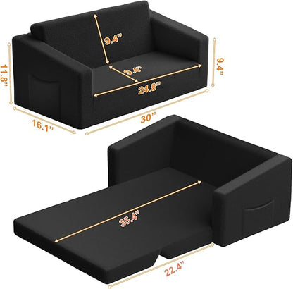 Extra Wide 2 Seater Kids Couch, 2-in-1 Toddler Chairs for Boys & Girls, Kids Sofa with Storage, Comfortable Mini Couch for Kids, Fun Kids Lounge Chair, Toddler Furniture,Children's Gifts(Black)