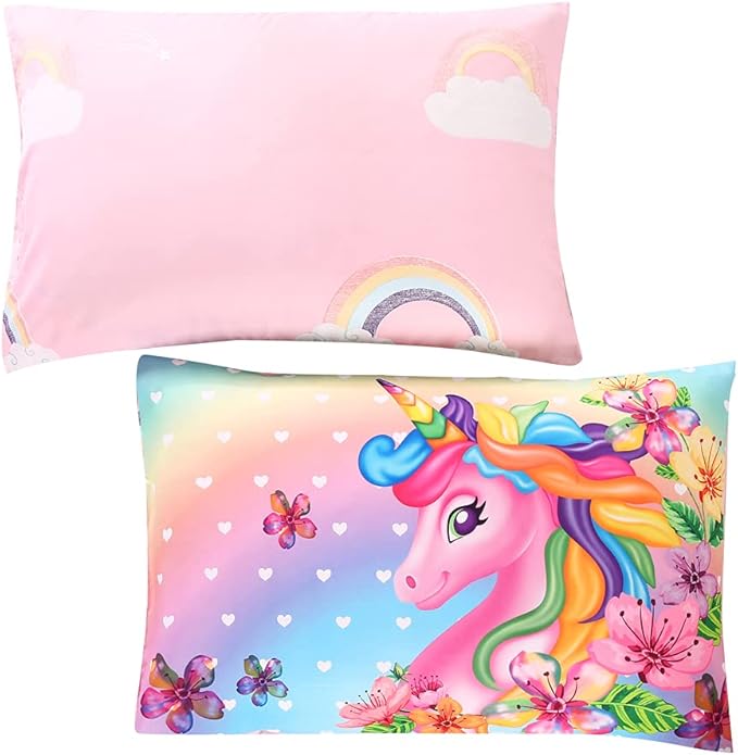 Cute Unicorn Comforter Sets 3pc Pink Flower Girl Colorful Unicorn Bedding Sets Soft Girls Unicorn Rainbow Comforter Sets