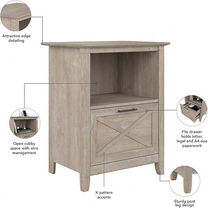 Bush Furniture Key West 1-Drawer Lateral File Cabinet, Letter/Legal, Washed Gray, 24-inch (KWF124WG-03)