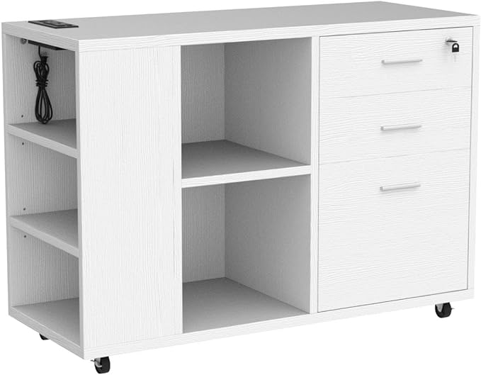 YITAHOME File Cabinet with Charging Station, Mobile Lateral Filing Cabinet with Lock for Home Office, Printer Stand with Open Storage Shelf, Fits A4, Letter, Legal Size Files, Office Furniture, White