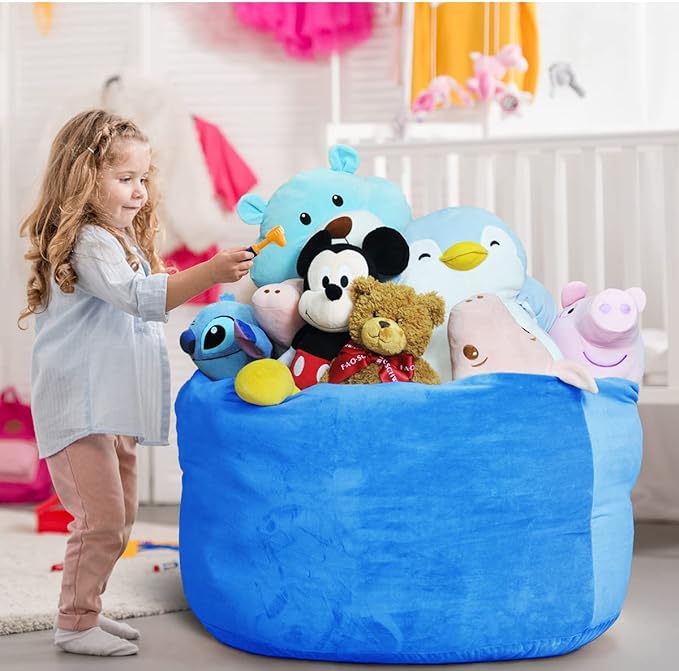 Bean Bag Chair Cover, Stuffed Animal Storage, Plush Toys Organizer Holder, Beanbag Chairs Cover for Kids Teans and Adults Super Soft and Comfortable Fabric X-Large with Handle and Zipper -Round Blue