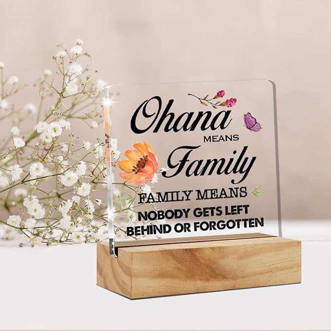 Family Quote Ohana Means Family Desk Decor Acrylic Desk Sign Acrylic Plaque Home Office Living Room Desk Shelf Decoration Gift 4.7"x4.7"