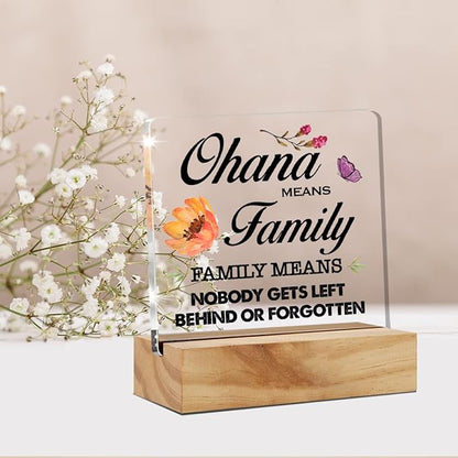 Family Quote Ohana Means Family Desk Decor Acrylic Desk Sign Acrylic Plaque Home Office Living Room Desk Shelf Decoration Gift 4.7"x4.7"