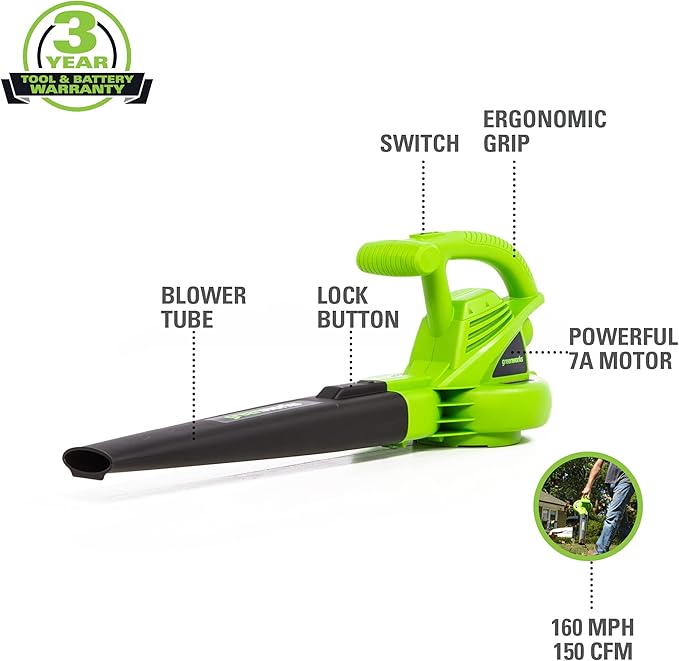 Greenworks 7 Amp 160 MPH/150 CFM Single Speed Electric Blower, 24012, green