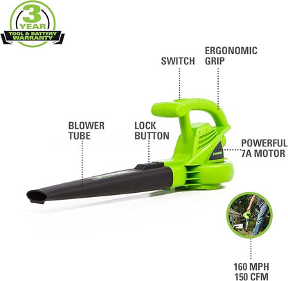 Greenworks 7 Amp 160 MPH/150 CFM Single Speed Electric Blower, 24012, green
