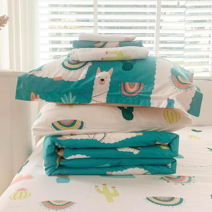 Wajade Kids Cute Llama Comforter Set Bed in A Bag Full Size 7 Piece Green Alpaca Tropical Plant Bedding Set for Girls Boys (1 Comforter, 1 Flat Sheet, 1 Fitted Sheet, 2 Pillowcase and 2 Pillow Sham)