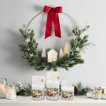 DRomance Santa Claus Glass Flameless Candles Battery Operated Remote and Timer Real Wax LED Flickering Pillar Candles White Cold Light Window Christmas Holiday Decor D3 x H4, 5", 6"
