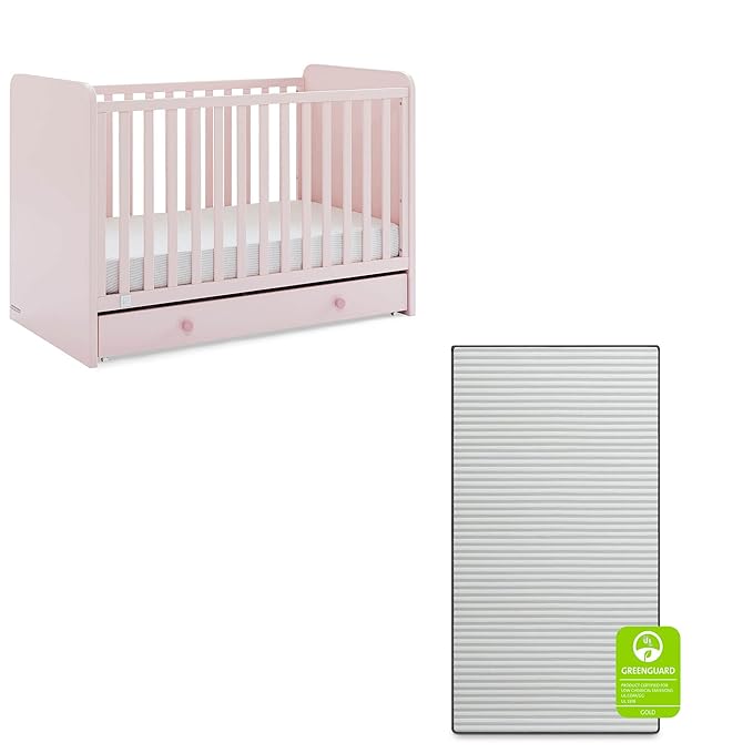 babyGap by Delta Children Graham 4-in-1 Convertible Crib with Storage Drawer TrueSleep Crib and Toddler Mattress (Bundle), Blush Pink/Dark Pink