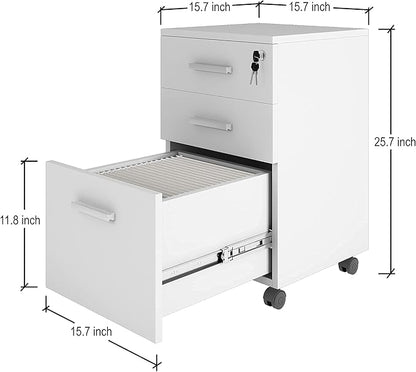 Lazio 26 Inch File Cabinet with Lock - Filing Cabinet for Home and Office - 3 Drawer File Cabinet with Wheels for A4 Sized Letters/Documents, Legal Sized Documents, Hanging File Folders - White/White