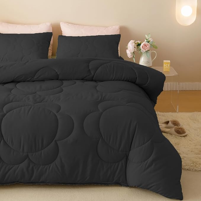 Black Flower Comforter Queen Black Flower Print Bed Queen Comforter Set 3 Pieces Dark Black Floral Comforter Set for Women Girls Bedroom Decor All Season Hotel Quality Comforter Set