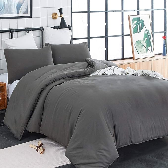 Deep Grey Comforter Set Queen Dark Gray Bedding Set Teens Adult Solid Gray Color Bedding Set 3 Pieces with 2 Pillowcases Women Lightweight Durable Full Blanket Quilts Set Gray Bed Comforter