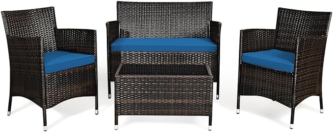 Goplus 4-Piece Rattan Patio Set, Outdoor/Indoor Wicker Conversation Set for Pool, Backyard, Lawn, Wicker Chairs and Sofa with Soft Cushion, Rattan Furniture with Tempered Glass Coffee Table