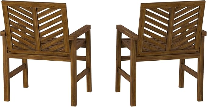 Walker Edison 2 Piece Outdoor Patio Chevron Wood Chair Set All Weather Backyard Conversation Garden Poolside Balcony, Set of 2, Dark Brown