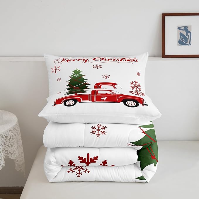 Christmas Truck Bedding Set King Size Christmas Tree Comforter Set Boys Girls Red Xmas Gift Snowflakes Bedding Comforter Sets for Teens Bedroom Decor Elk Deer Christmas Decorations Quilt Duvet Set